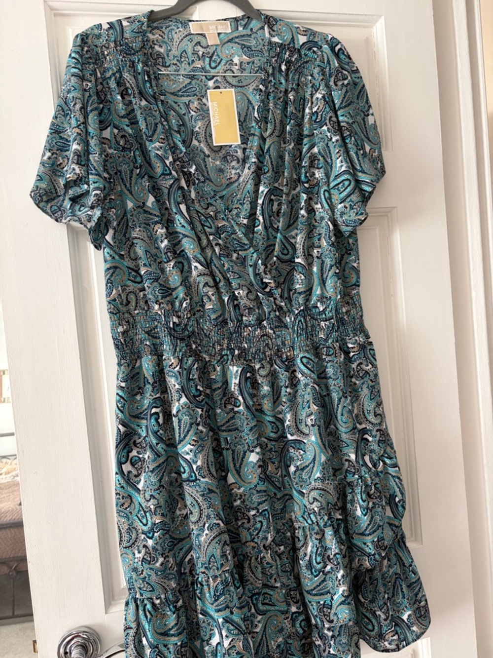 MICHAEL Michael Kors Teal Paisley V‑Neck Smocked Midi Dress